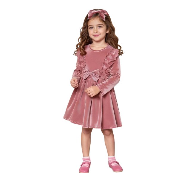 Girls Christmas Dress for Everyday Play Velvet Bowknot Long Sleeve Style for Toddlers and Preschool Girls Christmas Comfortable Ruffle Party Dress for 18 Months to 6 Years