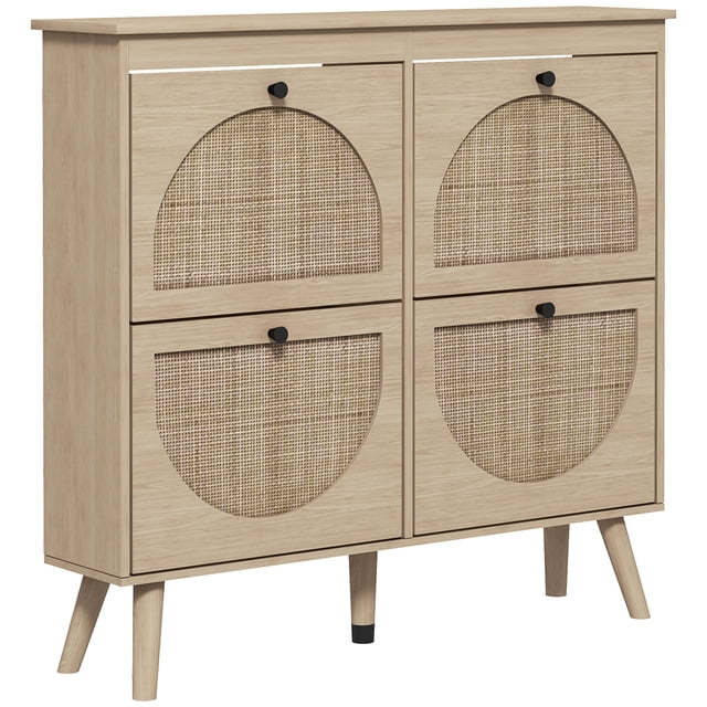 HOMCOM Shoe Storage Cabinet, Narrow Shoe Cabinet with 4 Flip Drawers, Oak. This compact entryway cabinet features a boho chic design with hand-woven rattan fronts and an oak finish. It includes four tilt-out drawers with adjustable shelves, accommodating up to 20 pairs of shoes (up to CA Men Size 11.5). Elevated pine wood legs provide easy cleaning and keep shoes dry. The countertop is suitable for displaying decorations, and the anti-tipping design ensures safety. Dimensions: 41.3 inches wide, 9.4 inches deep, and 38.4 inches high.