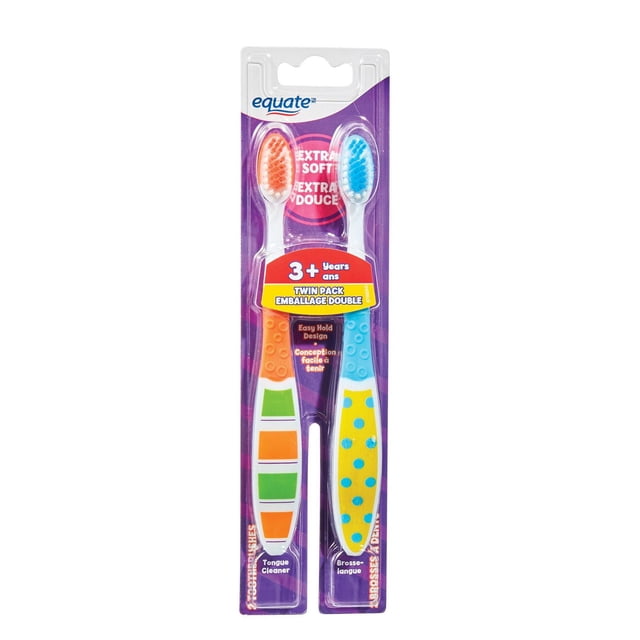 Equate Kids Manual Toothbrushes Twin Pack Dots & Stripes with extra soft bristles and easy hold design, featuring one toothbrush with orange and green stripes and one with blue dots on yellow, designed for children aged 3 and older with tongue cleaners on the back of each brush head.