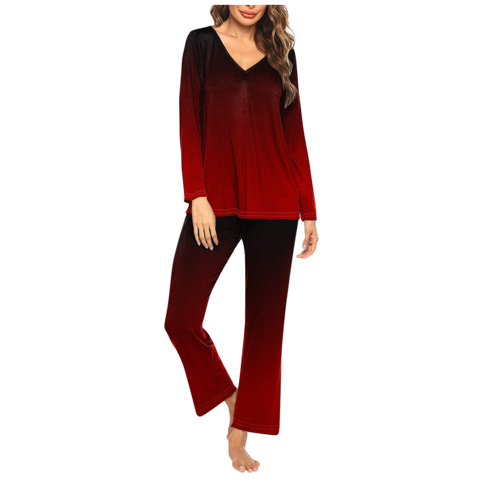 Timegard Ensembles de Pyjamas pour Femmes 2 Pcs Confortables Couleur Dégradée Manches Longues Col en V Haut et Pantalon Tenues de Pjs