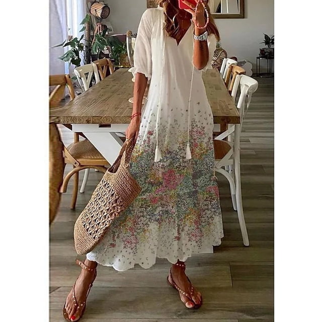 EQWLJWE Robe pour Femmes Liquidation Mode Robe Décontractée pour Femmes Printemps et Été Col en V Manches Trois-Quarts Robe Imprimée Robes pour Femmes Grande Taille