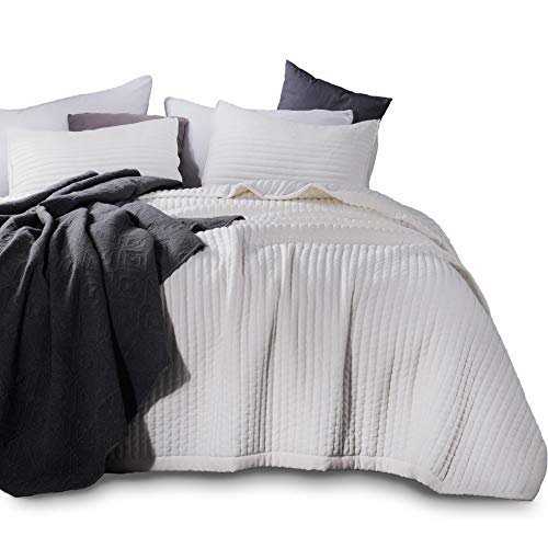 KASENTEX Quilt Mini Set-Stone Washed-Super Soft Bedspread-Light Weight-White Down Alternative Microfiber Fill-Machine Washable-Solid Colors, 2 King Shams, Ivory, King + 2 King