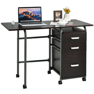 Gymax Bureau d'ordinateur portable pliant w/3 Tiroirs bruns