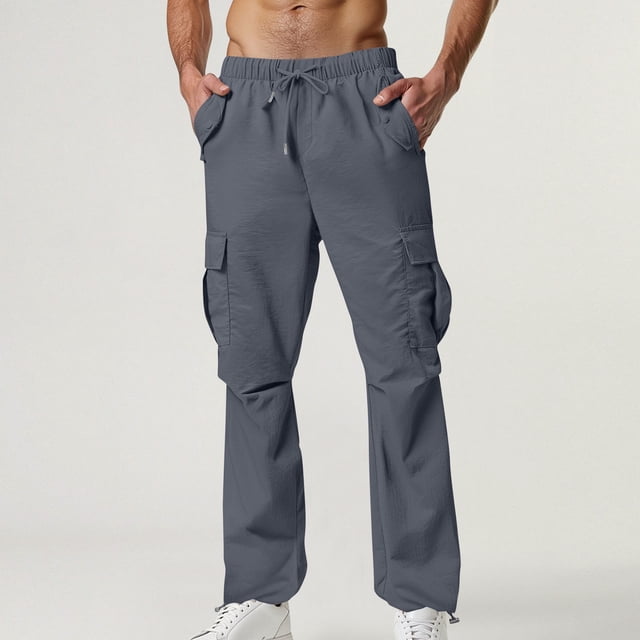 FcBaudy Full Length Pants Men's Casual Sport Pocket Drawstring Solid Color Elastic Waist Cargo Pants Men Pants