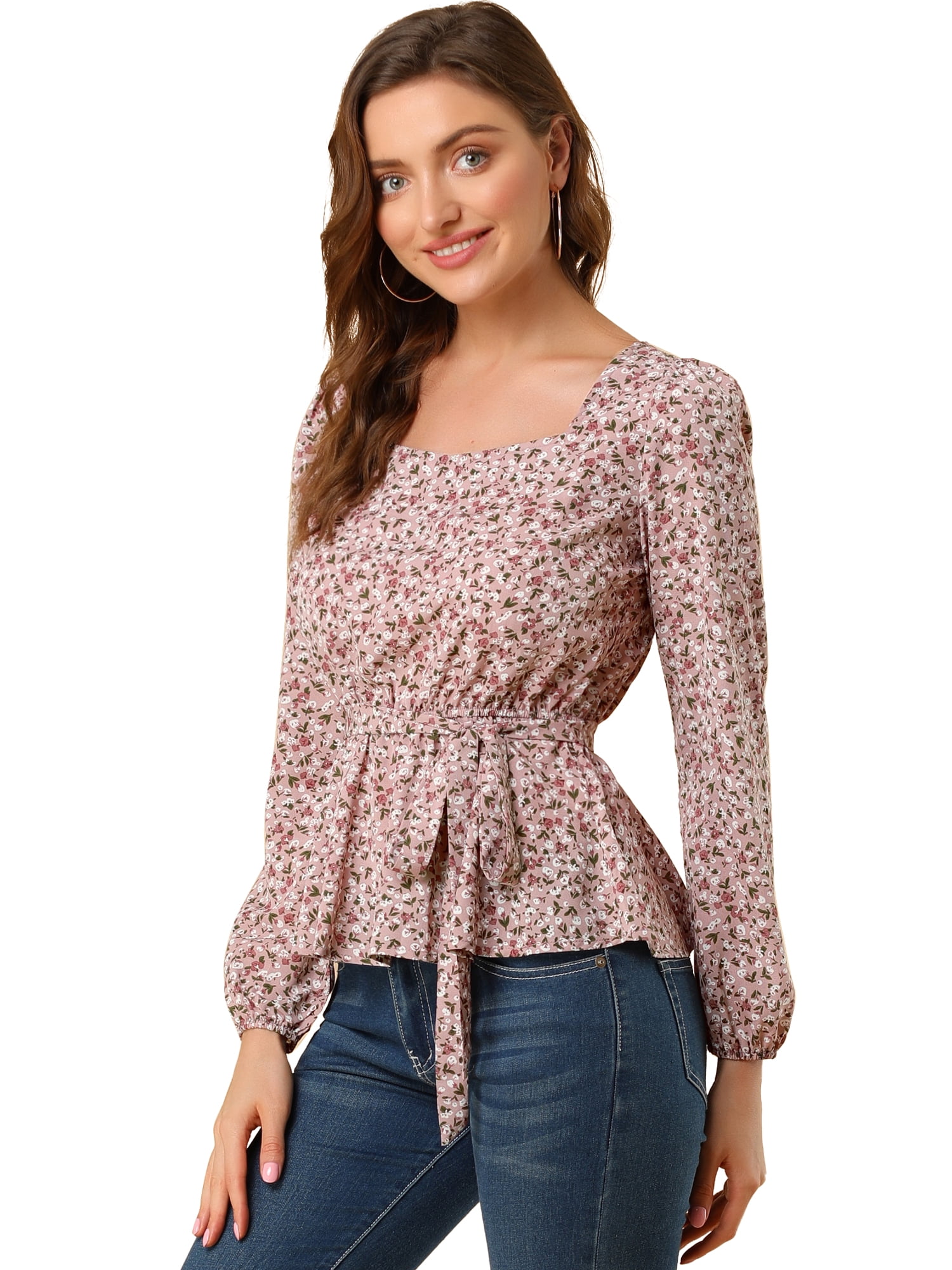 INSPIRE CHIC Blouse à Manches Longues Florale à Encolure Carrée avec Ceinture pour Femmes