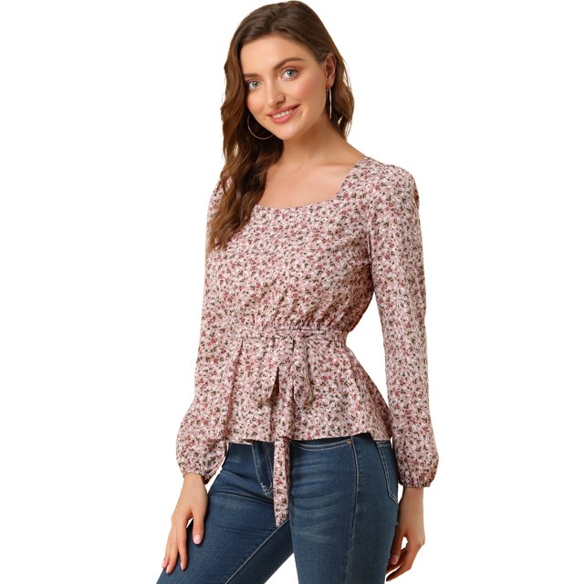 INSPIRE CHIC Blouse à Manches Longues Florale à Encolure Carrée avec Ceinture pour Femmes