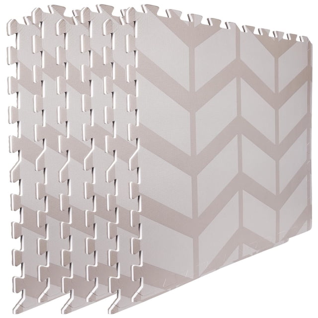 GoZone Fitness Flooring Tiles - 6pcs set of six interlocking 24 by 24 inch foam mats with beige chevron pattern and diamond textured non-slip surface, designed to protect floors and equipment in home gyms with easy wipe-clean material.