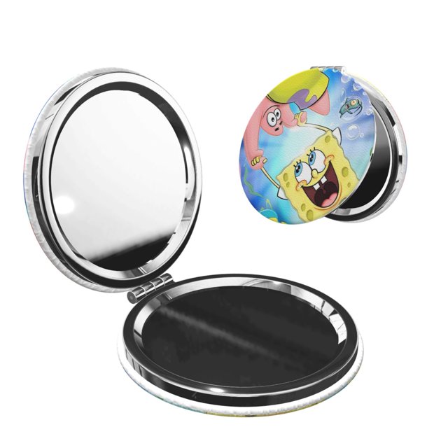Zufioo SpongeBob SquarePants Miroir de Maquillage Portable de Poche, Miroir de Beauté Pliable à Main Grossissant Adapté pour Portefeuille Sac à Main pour Femmes-Forme Ronde