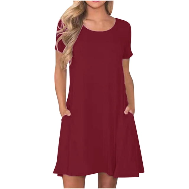 Ovzne Robes pour Femmes Robe Mode Femme Été Décontractée Col Rond Manches Courtes Robe Mini Unie Robe de Vacances Manches Courtes Liquidation
