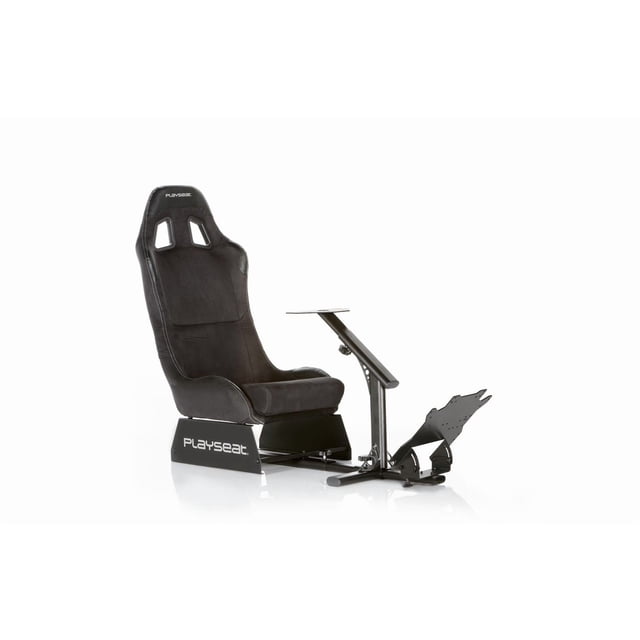 Playseat® Evolution Alcantara gaming chair with black alcantara upholstery and adjustable black coated metal frame, featuring integrated mounts for steering wheels and pedals, designed for ergonomic support in gaming furniture setups.
