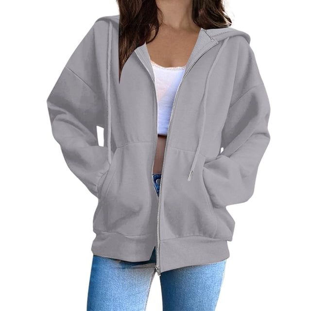MeetoTime Womens Zip Up Hoodies Oversized Long Sleeve Sweatshirts Fleece Hooded Fall Jacket with Pockets