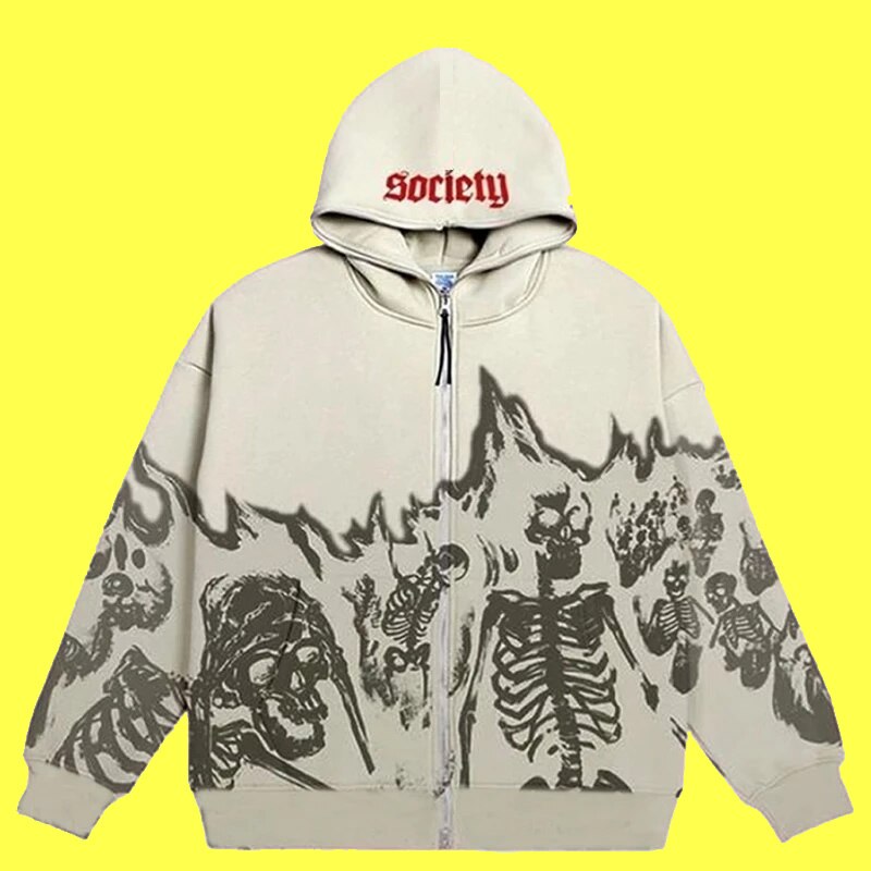 Y2K Emo Men Streetwear Vintage Skull Hoodie Zip Up Hoodies Grunge
