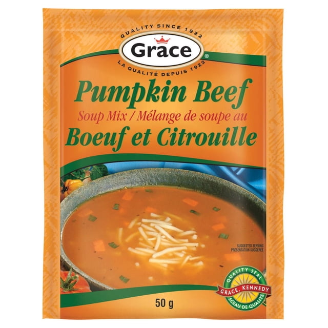 Grace Pumpkin Beef Soup, 50g bag featuring an orange and green package with a bowl of pumpkin beef soup garnished with noodles and herbs, delivering an authentic Caribbean soup mix that is quick to prepare and ideal for a comforting meal or serving with rice and vegetables.