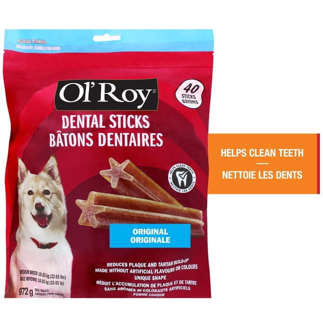 Ol’ Roy Original Dental Sticks in a resealable red and blue bag containing 40 star-shaped dental chews for medium breed dogs (10-25 kg), designed to reduce plaque and tartar buildup, made without artificial flavours or colours, ideal for occasional dental care and on-the-go freshness.