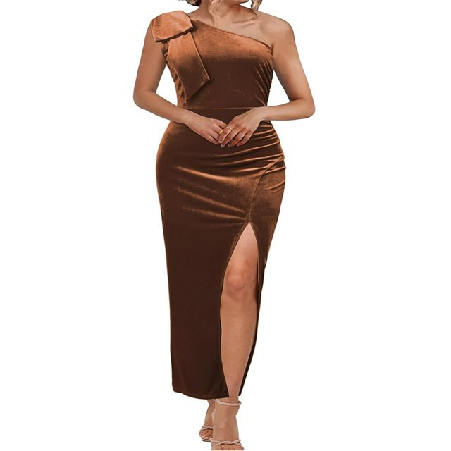 Women Velvet Formal Dress Solid Color One Shoulder Split Evening Gown