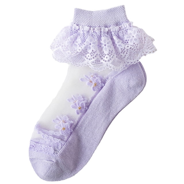 Chaussettes en Dentelle à Volants pour Filles, Oeillets, Maille Florale, Coton, Froufrous, Cheville, Douces, Robe, Chaussettes Princesse pour Enfants, Chaussettes de Robe pour Filles, Violet, 1 An