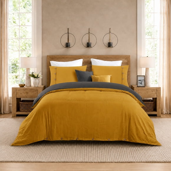 Swift Home Reversible Ultra Soft Solid Duvet Cover Set with Decorative Button Closure, Queen, Mustar
