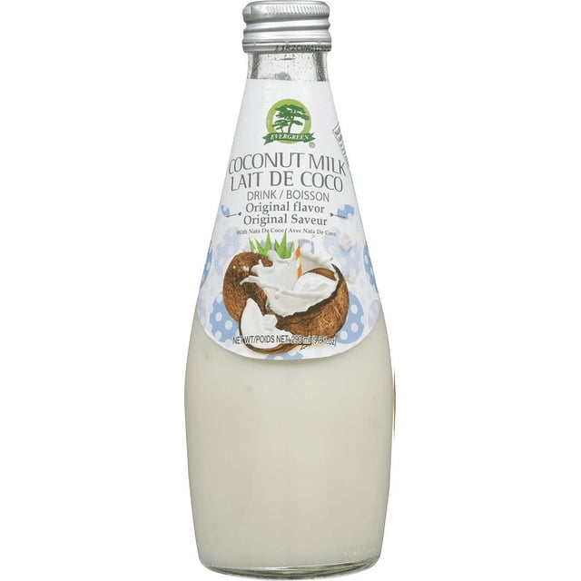 Evergreen Original Lait de coco, Bouteille en Verre de 9,81 fl oz avec Bouchon Argenté et Étiquette Bilingue Mettant en Vedette des Noix de coco Concassées et du Lait de coco Éclaboussé, une Boisson d'Origine Végétale, Non Laitière, avec nata de coco pour une texture Crémeuse et une Saveur de Noix de coco Rafraîchissante, Idéale pour les Régimes Sans Lactose.