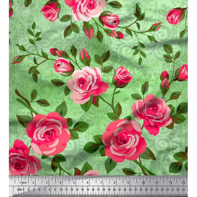 Soimoi polyester Crepe Fabric Leaves & Rose Flower Print Sewing Fabric Yard 42 Inch Wide