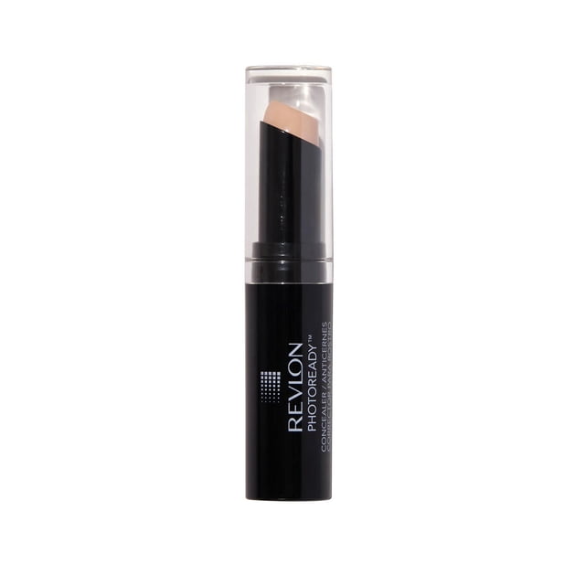 Revlon PhotoReady Stick Concealer Makeup, Medium Coverage, 3.2mL, a black cylindrical concealer stick with a clear cap and angled beige tip, offering creamy, buildable medium coverage to blur imperfections and dark circles, suitable for creating a flawless look.