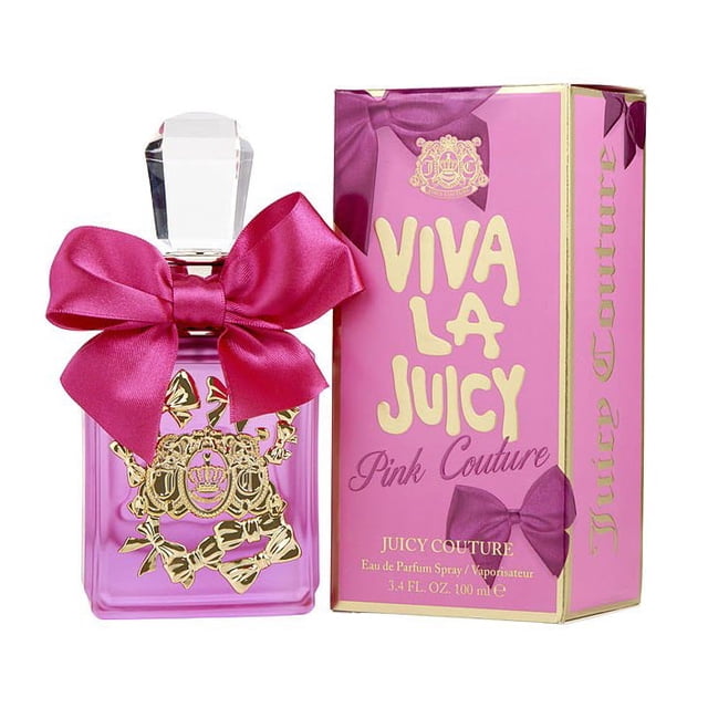 Viva La Juicy Pink Couture EDP for Her 100mL by Juicy Couture. A vibrant pink perfume bottle adorned with a large satin bow and gold detailing, paired with a matching pink and gold box featuring the Viva La Juicy logo. Designed for women, this eau de parfum offers a luxurious fragrance experience.