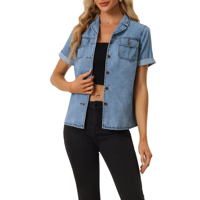 INSPIRE CHIC Women's Denim Jacket Short Sleeve Collared Button Up Jean Shirt Tops Light Blue XS