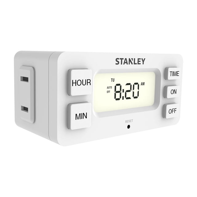 Stanley TimerMax Digislim 1-Outlet Indoor Polarized Daily Timer front-facing slim white plug-in timer with LCD clock display and push-button controls, single polarized outlet, magnetic backing and replaceable backup battery per specs; Security Mode and daily repeat programming, often used to control lamps or holiday lights.