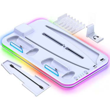 Station de Refroidissement pour PS5 avec Lumière RGB Ventilateur de Refroidissement pour PS5 Éditions Disque et Numérique Station de Charge pour Manettes de Jeu, Support pour Casque, 6 Emplacements pour Jeux