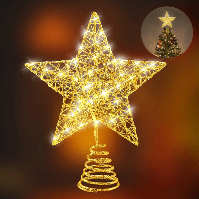 Christmas Tree Toppers, Star Tree Toppers Metal Design Glittered Tree-top Star, 30 LED Lights Christmas Tree Topper Star for Christmas Home Decoration (Golden)