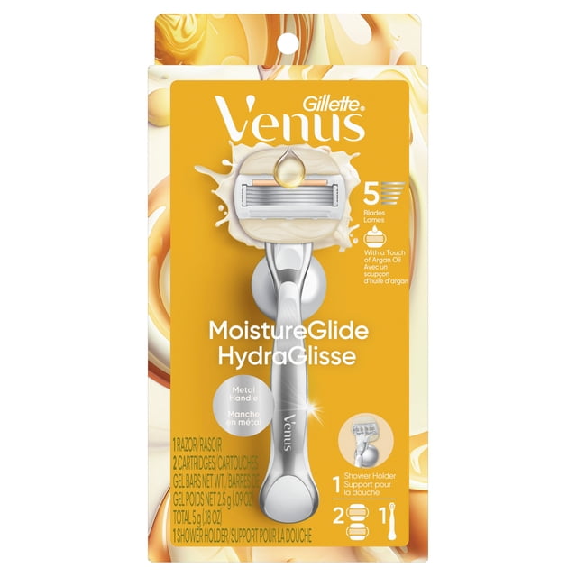Venus Moistureglide Women's Razor with reusable metal handle, 5 ultra-sharp blades, and 2-in-1 moisture gel bars with argan oil for hydration and shave irritation protection, includes 2 blade refills and a shower holder on yellow-orange packaging.