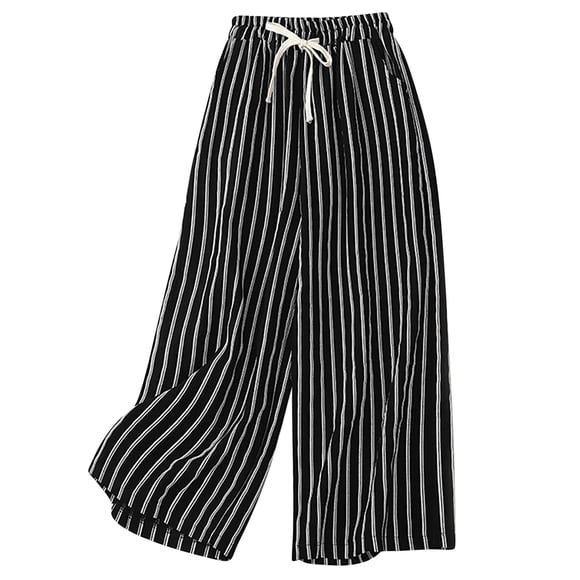 fartey Womens Cotton Linen Wide Leg Pants with Pockets Striped Print Comfy Pants Casual Trendy Elastic Waisted Loose Pants Lightweight Soft Summer Vacation Trousers