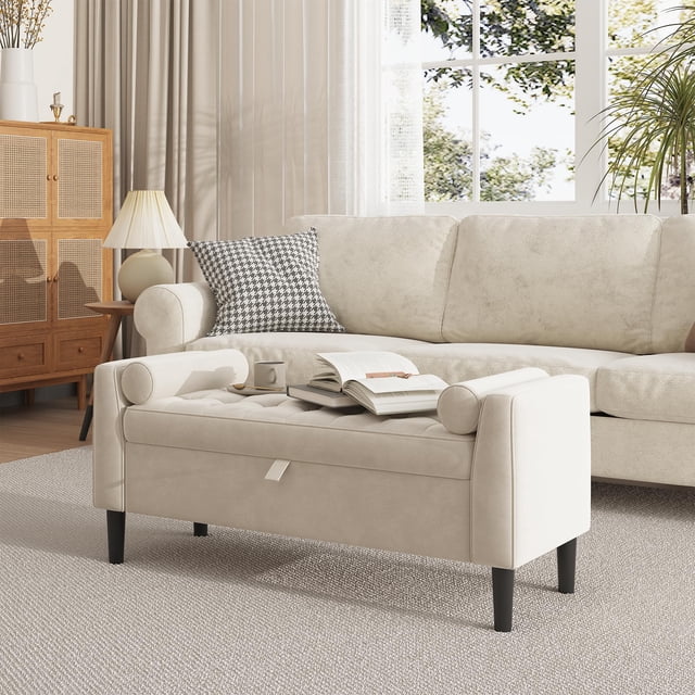 Kojooin 46.5 in Storage Bench Ottoman, Upholstered End of Bed Bench with Button Tufting and Hidden Storage