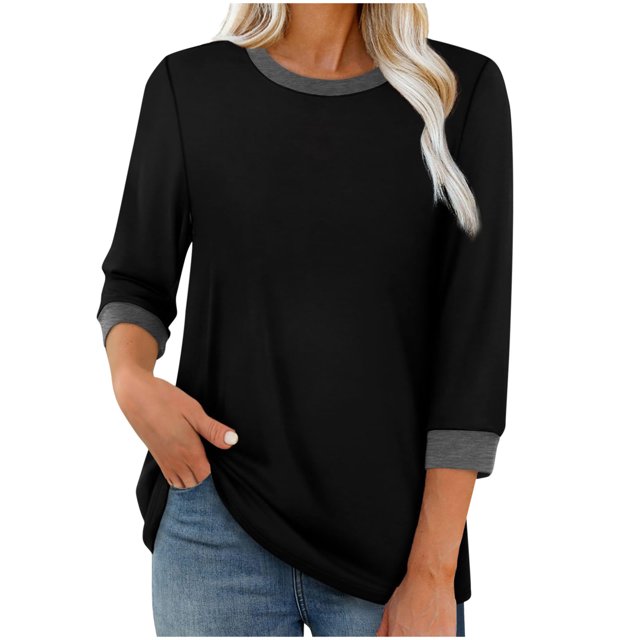 HAiming Chandails 3/4 pour Femmes, Hauts Habillés Décontractés, Blocs de Couleur, Col Ras du Cou, T-Shirts Basiques de Mode d'Automne, Vêtements