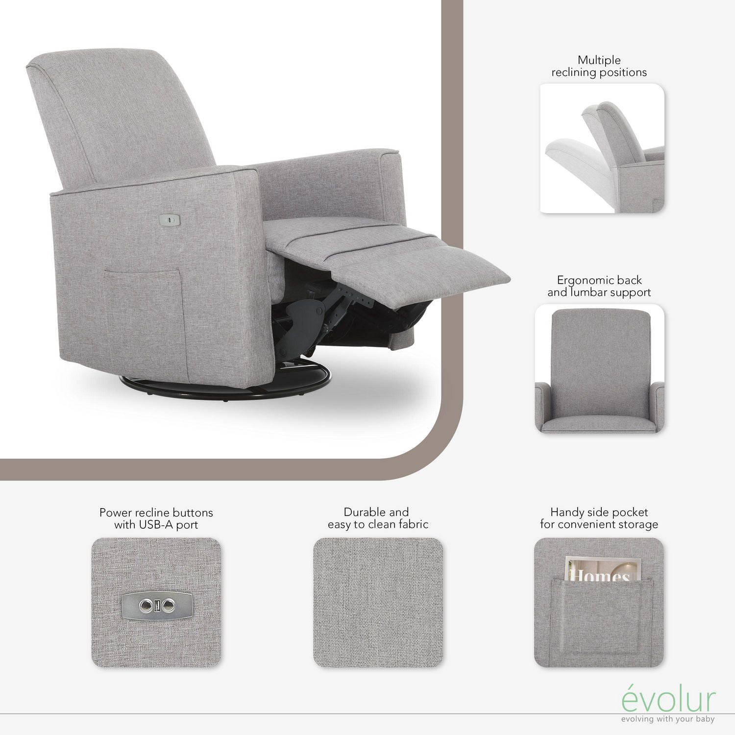 Evolur Harlow Deluxe Glider, Power Recliner, and Rocker With USB Charging Port