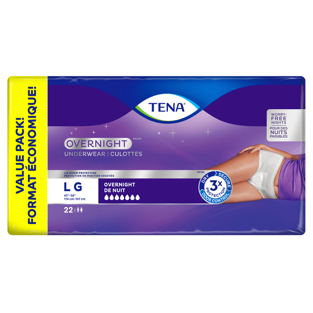 D-TENA TENA UW NIGHT L 22 large size overnight disposable incontinence underwear with lie-down protection and secure barrier system, providing triple protection against leaks, odor, and moisture in breathable material, shown in purple packaging with a person wearing white underwear lying on their side.