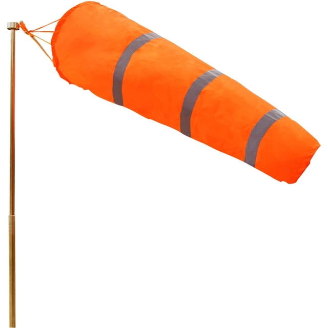 ANLEY 40-Inch Windsock made of rip-stop polyester in bright orange with reflective belts, designed for wind direction measurement. The windsock is 40 inches long with a 9.8-inch diameter and features solid braided strings and a nickel-plated clip for secure attachment. Suitable for outdoor use in airports, farms, parks, and other environments. Pole not included.