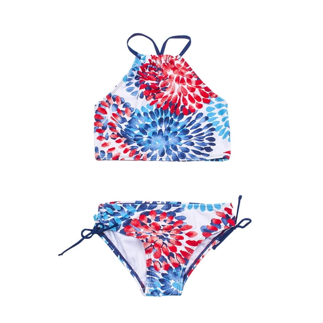 Kcodviy 2 Pcs Girl Swimwear Girls Bikini Floral Tops Drawstring Bikini Little Girl Bathing Suits Bottoms Suit Girls Suit Bathing Suit for Girls Bikini New Split Water Drop Print Bikini