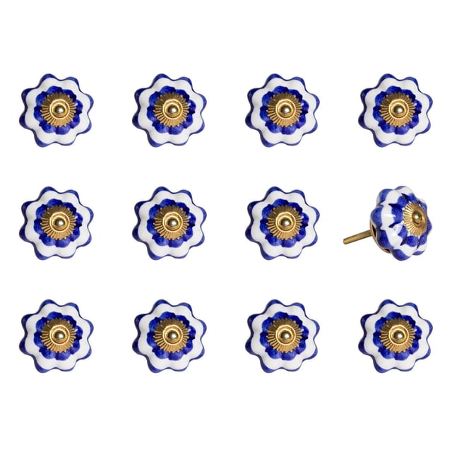 KNOB-IT vintage handpainted ceramic knobs 12-pack arranged in three rows on a white background, each knob shaped like a flower with blue and white scalloped petals and a central brass bolt with decorative ridges, one knob angled to show the 1.25-inch bolt that can be trimmed to size, ideal for cabinets, drawers, and furniture updates.