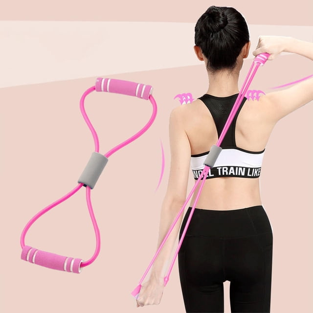 Yhmxh Workout Equipment Exercise Equipment, a pink eight-character pulling rope with foam handles, ideal for posture correction, body shaping, and versatile strength training. Suitable for resistance training, yoga, and physical therapy. The image shows a woman performing shoulder and back exercises in a home gym environment.