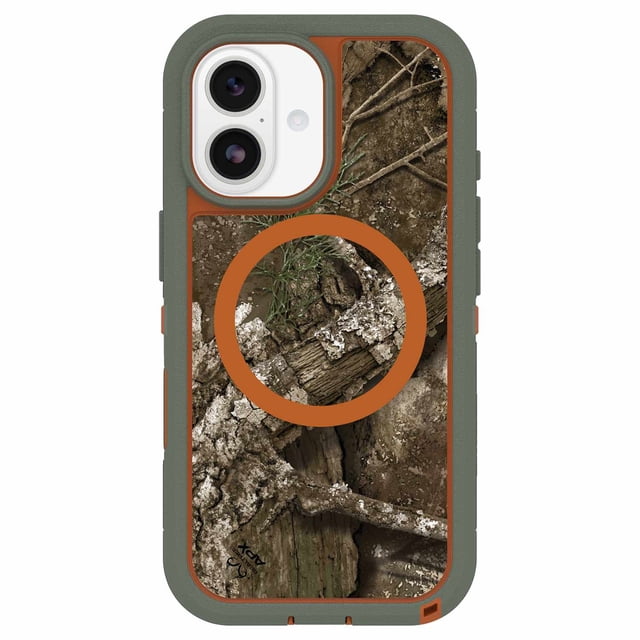 OtterBox Defender Pro XT Clear MagSafe Case w/Camera Control Realtree Apx (Green) for iPhone 17 with clear back displaying Realtree Apx camouflage, green rubber edges with orange accents, precise camera cutout, integrated MagSafe magnets, and dual-layer rugged protection exceeding military drop standards.