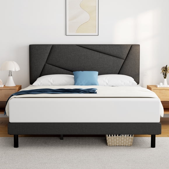 King Bed Frame,Telino King Size Platform Bed With Fabric Upholstered Headboard, Gray