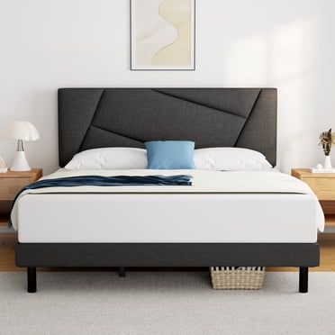 Cadre de Lit Très Grand, Lit Plateforme Très Grand Telino avec Tête de Lit Rembourrée en Tissu, Gris