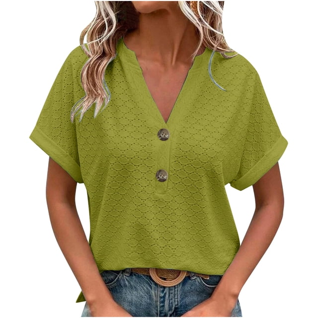 Dealovy Womesn Tops Summer Casual V Neck Buttons T-Shirts Short Sleeve Solid Color Loose Fitted Tees