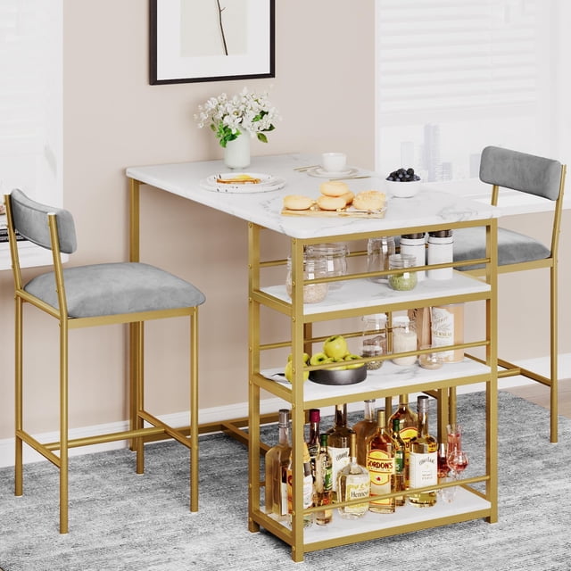 Bar Stools Set of 2, Kitchen Bar Stools with Footrest, 25.5" Upholstered Bar Chairs with Back, Counter Height Barstools for Counter Bar, Island, Easy Assembly, Grey and Gold Marble White