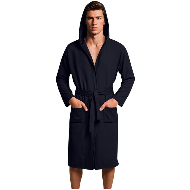 Mens Waffle Bathrobe Long Sleeve Lightweight Hooded Robe with Pockets Soft Shower Spa Bathrobes Navy, L