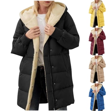 YOIAVAIOY Womens Winter Long Down Coats Plus Size Fleece Lined Jacket Warm Thicken Hooded Trench Coat Windproof Quilted Puffer Jackets Wine M