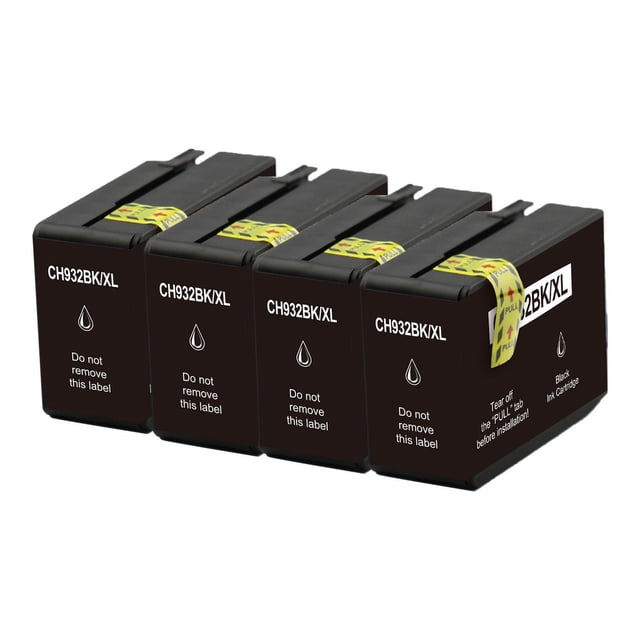L-ink 4 Pack Compatible Black Ink Cartridge 932XL (CN053AN) featuring four black ink cartridges labeled CH932BK/XL with pull-tab instructions, compatible with HP OfficeJet 6100, 6600, and 6700 series printers, providing clear, crisp print quality and a 1000 page yield, ideal for cost-effective printing.