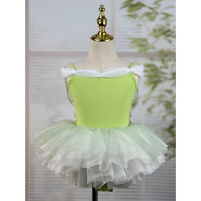 XDZJLR Girls Rompers Kids Summer Solid Color Suspender Dance Training Dress Children's Performance Puffy Dress Outfit Green 3-4 Years