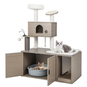 Gymax Arbre de chat avec boîte à litière enclosure 2-in-1 Tour Cat moderne avec Condo Cat