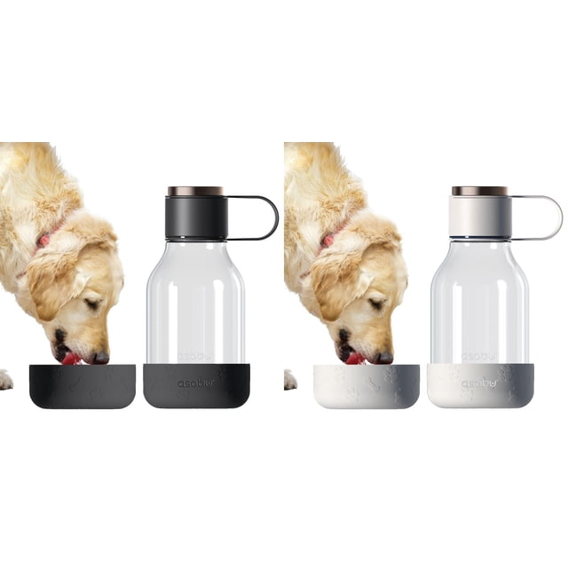 Asobu Dog Bowl Bottle Lite 33oz Set of 2 with two clear BPA-free Tritan water bottles featuring detachable silicone dog bowls in black and white, easy grip handles, and anti-slip bases, shown with a golden retriever drinking, suitable for hydrating dogs on walks.